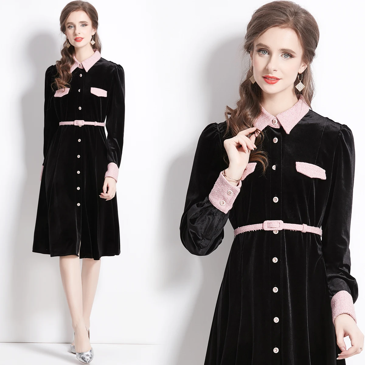 

2023 темпераментное повседневное бархатное платье-рубашка, женское приталенное платье-поло средней длины