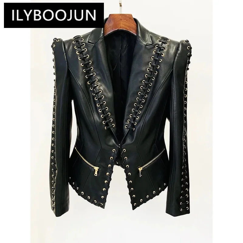 

HIGH QUALITY Newest Fashion 2024 Designer Jacket Women's Rope Lacing Up Slim Fitting Leather Blazer