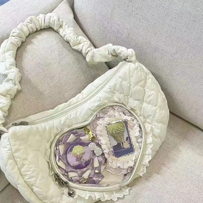 Pink Cute Womens Shoulder Bag Pleated Love Heart Lolita Jk Ita Bag Drawstring Ballet Style Sweet Fashion Female Handbag