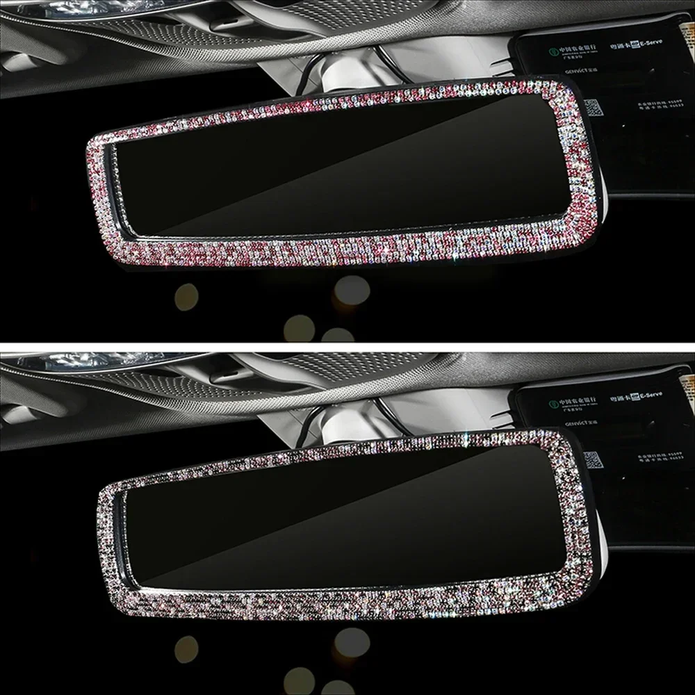Car Interior Rearview Mirror Decor Diamond Crystal Rhinestone Rear View Mirror Cover Ornament Bling Car Accessories for Women