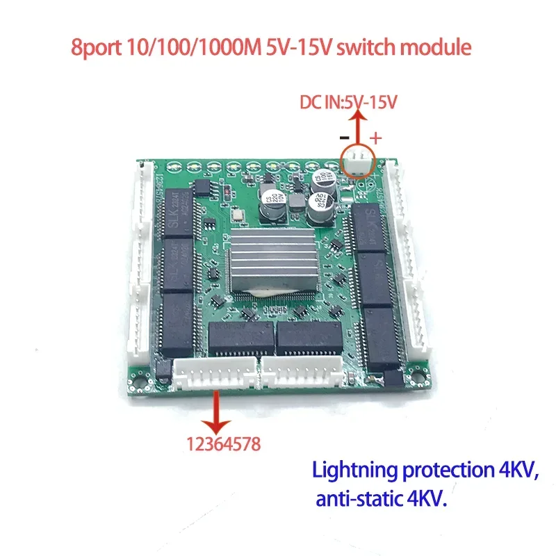 Mini PCBA 8Ports Networkmini ethernet switch module 10/100/1000Mbps 5V-15V Lightning protection 4KV, anti-static 4KV dc500v 2in 1out solar combiner box lightning protection ip65 system dc