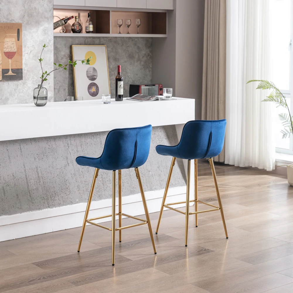26 Inch Set of 2  Stools,with Steel Frame Footrest Velvet Fabric Golden Leg Simple  Stool,BLUE 3