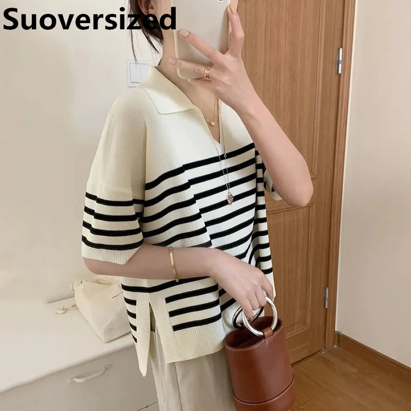 

Summer Split Striped Knitted T-shirts For Women Fashion Loose Korean Short Sleeve Tops Casual Chic Ice Silk Thin Knitwear