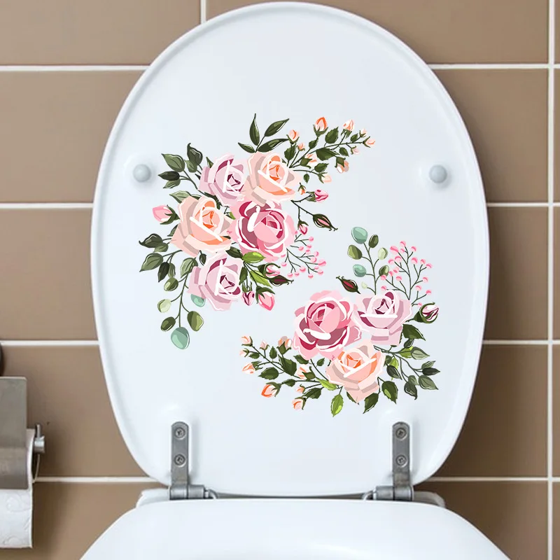 Watercolor Hand Drawn Floral Peony Flower Green Plants Butterfly Wall Stickers Bathroom Toilet Decor Decals Self Adhesive Murals toilet stickers toilet wall stickers toilet seat stickers