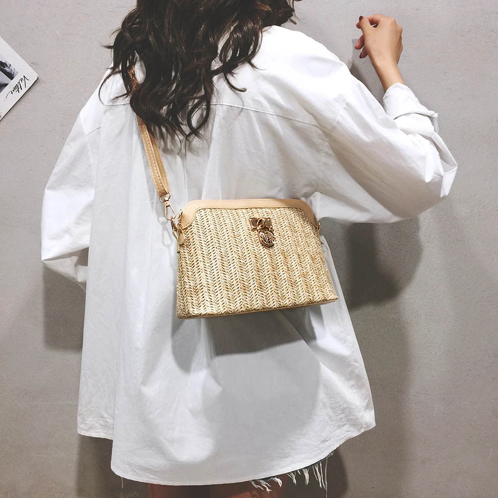 Straw Shell Crossbody Bag Women Boho Beach Woven Leather Shoulder Messenger Bags