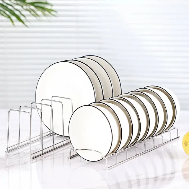 A stainless steel dish organizer for cabinet, shown inside a kitchen cabinet and neatly holding a stack of white dinner plates vertically.