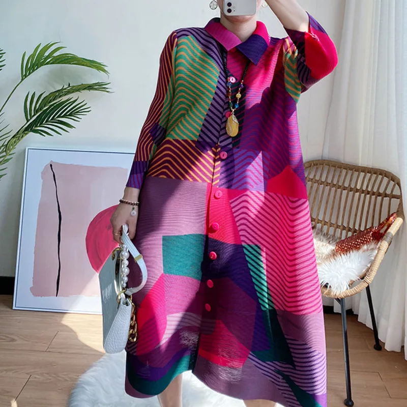 

COZOK Midi Pleated Dress Women Contrasting Colors Stripe Patchwork Polo Collar Long Sleeve Loose Casual Style 2024 New WT161