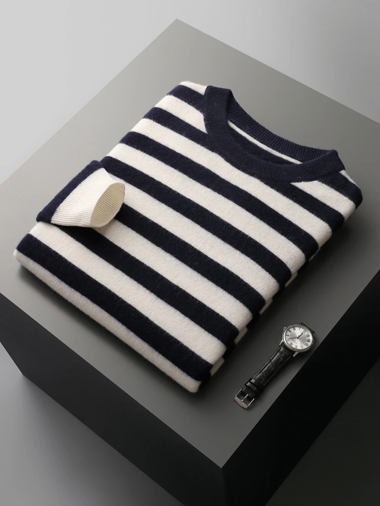 100% Merino Wool New Men's Pullover Sweater O-neck Long Sleeve Striped Knitwear Casual Jumper Spring Autumn Clothes Korean Top