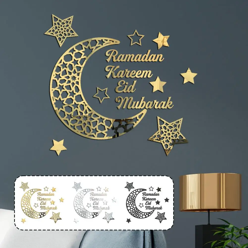Espejo de Ramadán Kareem, arte de pared decorativo, pegatinas de luna y estrella, calcomanía de pared DIY, decoración de Ramadán para el hogar, musulmán islámico Y1A1