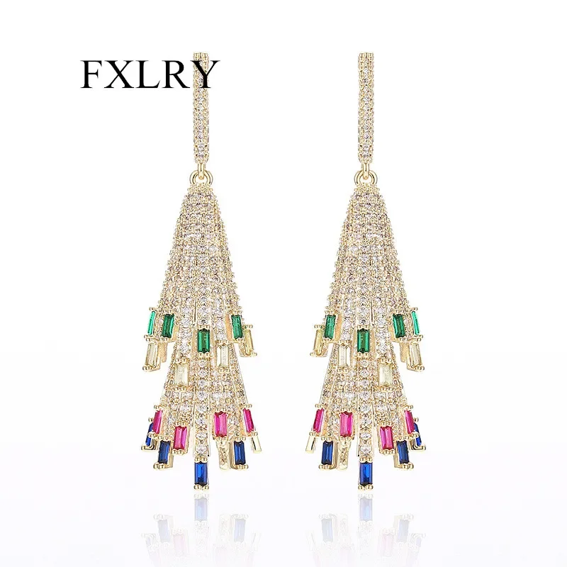 

FXLRY Luxury Cubic Zirconia Indian Ethnic 2 Layers Long Tassel Earrings For Women Wedding Bridal Jewelry