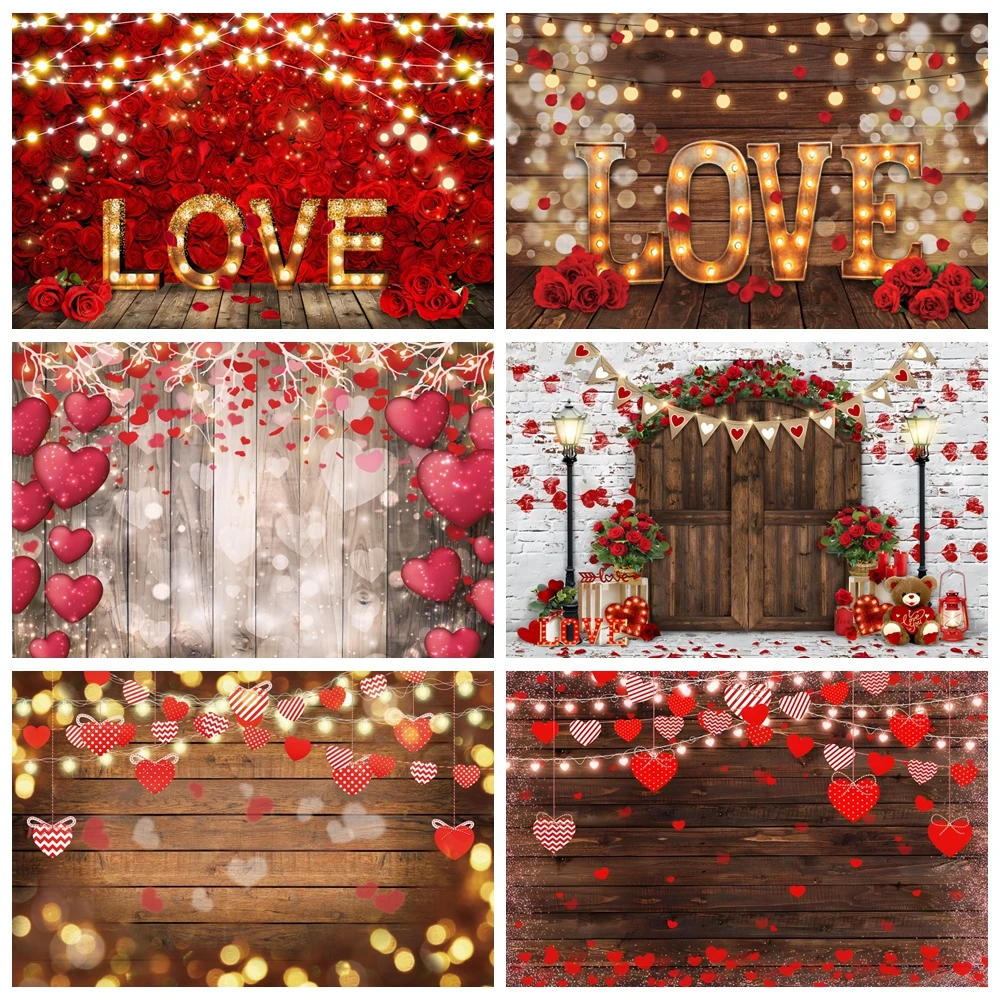 

Valentine's Day Backdrop Rustic Wood Glitter Red Love Heart Wedding Bridal Shower Party Mother's Day Photography Background