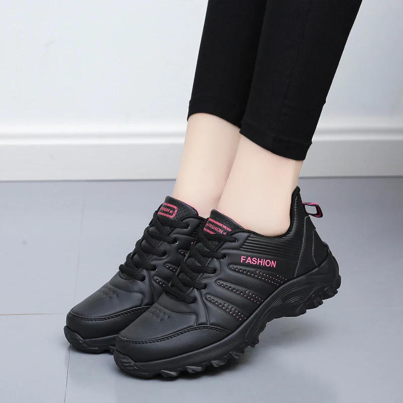 Women's Quality Leather Sneakers Casual Lightweight Sneakers Lace Up Trainers Comfortable Non-slip Flat Shoes Outdoor Hiking