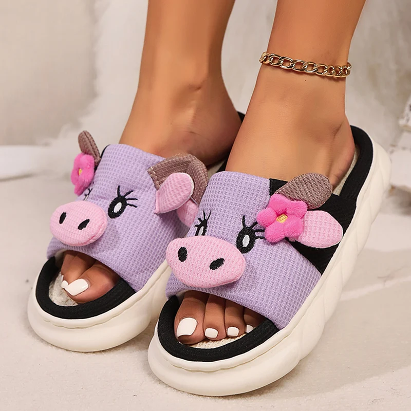 Cute Cow Thick Bottom Linen Slippers Women 2024 Winter Comfort Home Cotton Slippers Woman Flat Heels Non Slip Indoor Shoes Slide — view 4