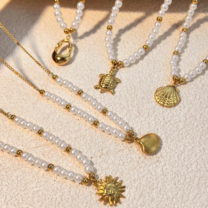 Handmade Weave Imitation Pearl Geometric Sun Shell Pendant Stainless Steel Necklace Mini Sea Turtle Short Choker Elegant Jewelry