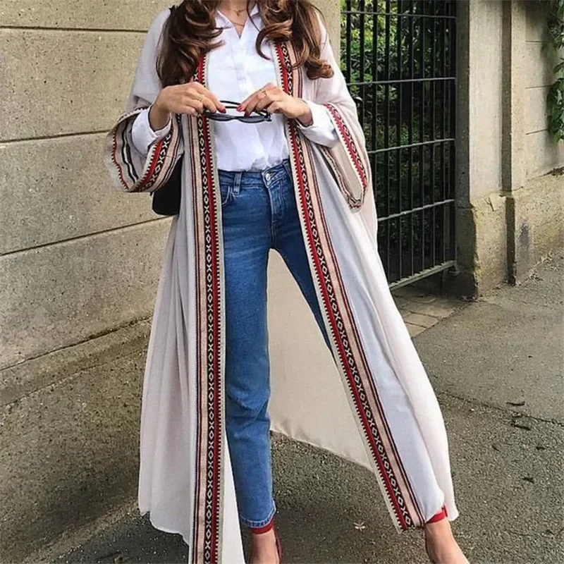White Chiffon Long Maxi Kimono Cardigan Women Beach Cover Up Embroidery Edge with Belt Tunica Kaftans Femininos Beachwear 2026 2