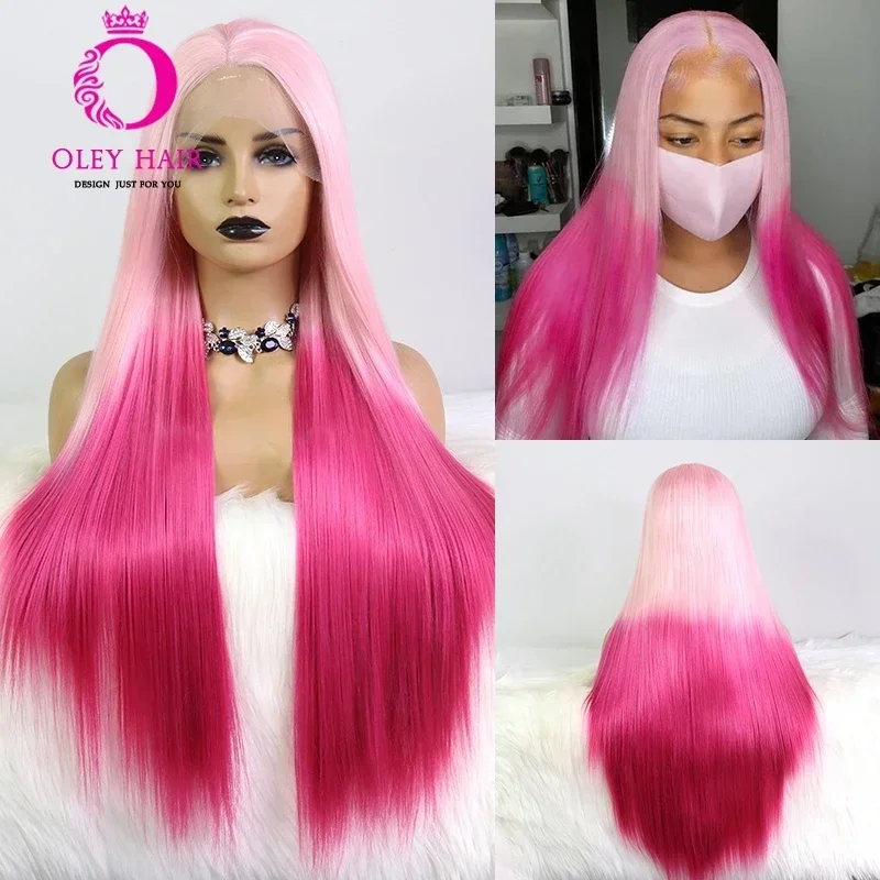 

OLEY Ombre Pink Synthetic Lace Front Wig Long Straight 30 Inch Freepart Cosplay Wigs for Black Women High Temperature Fiber 180%