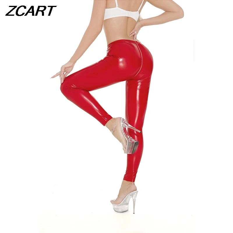 Sexy Women Shiny Faux Leather Pants Wetlook Latex PU Zipper Open Crotch Pants Female Red Black Long Trousers Clubwear