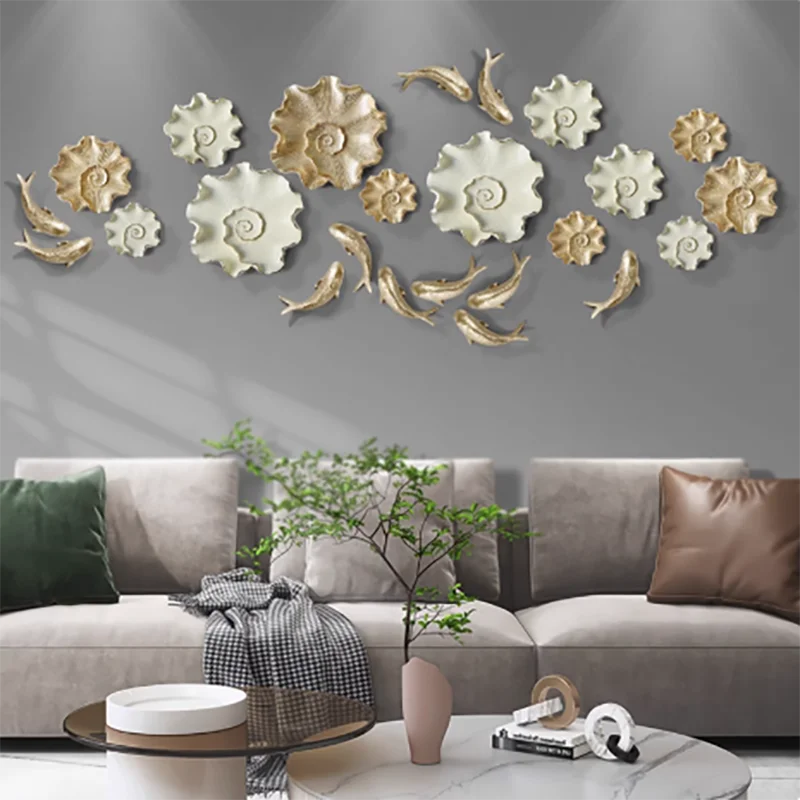 Chinese Lotus Leaf Koi Goldfish Resin Wall Accessories Items Home Room Background Wall Mural Decoration Cafe Hotel Sticker