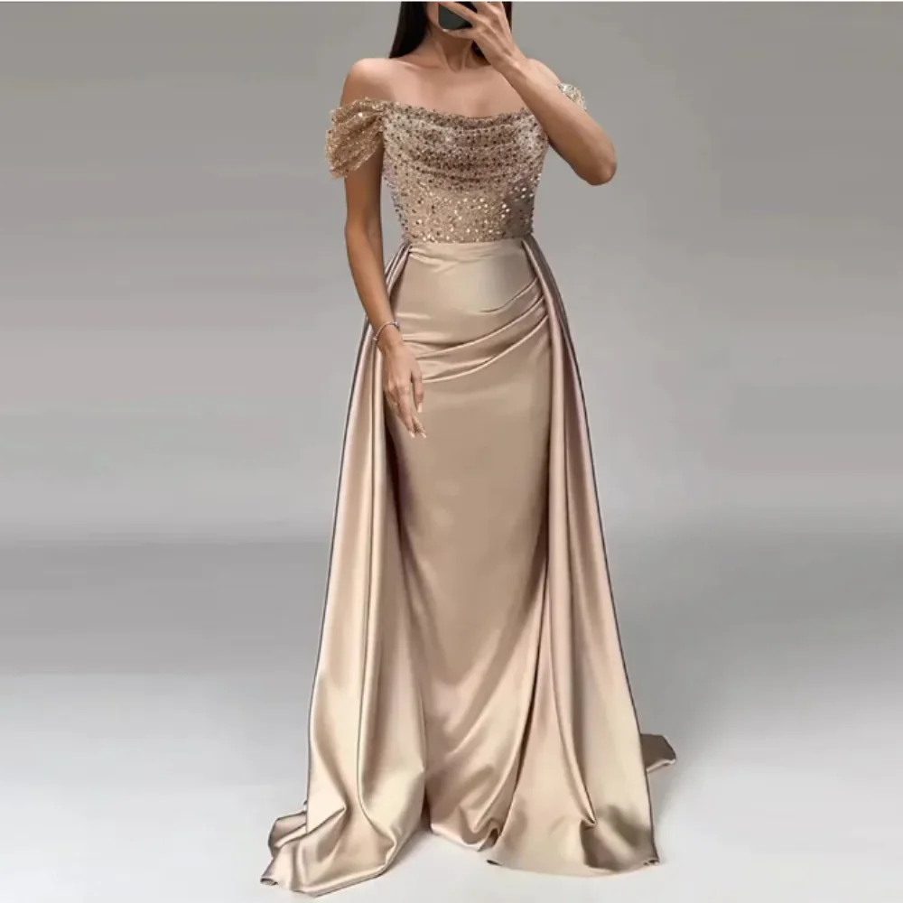 

New Sexy Side Slit Gold Lace Prom Dresses Off Shoulder Illusion Birthday Cocktail Dresses Evening Gowns for Day and Night Party