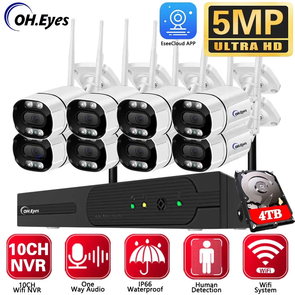 10CH 5mp Wireless Wifi Camera Security System CCTV Camera Video Surveillance Kit NVR Indoor Outdoor Two-Way Audio EseeCloud APP