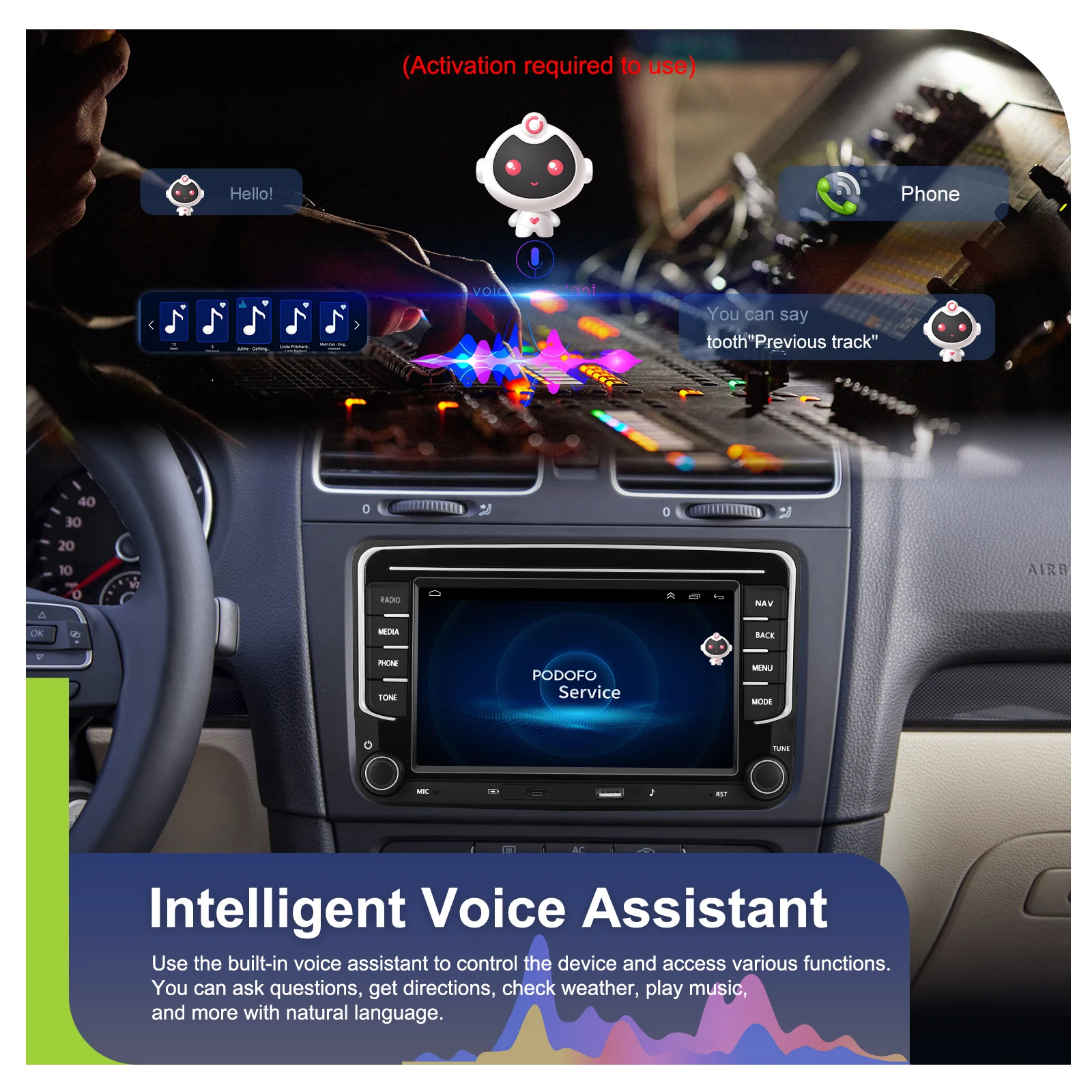 Podofo Kabelloses Carplay Android Auto Radio für VW Fahrzeuge Intelligente Systeme GPS-Navigation BT FM/RDS 2din EQ BT Autoradio – Detail 20