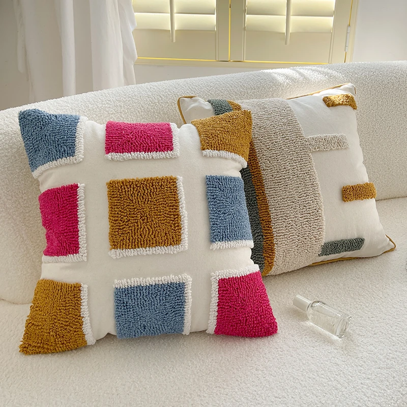 Check Cushion Cover Tufted Pillow Cover Beige Colorful for Home