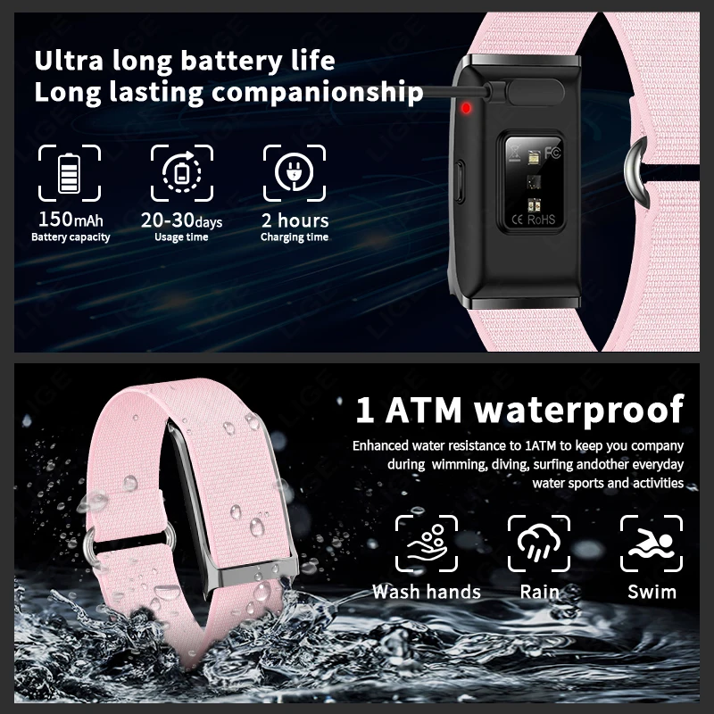 LIGE Smart Bracelet For Android IOS Women Smartwatch Men Heart Rate Blood Oxygen Waterproof Sport Smart Band Watch Ladies Gift