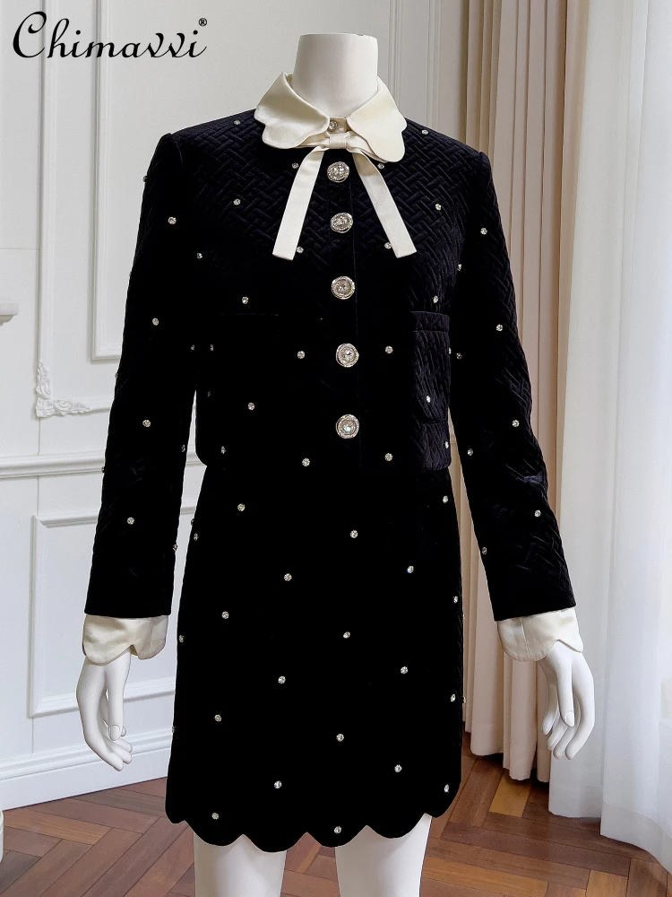 Fashion Black Long Sleeve Doll Collar Bow Single-Breasted Coat High Waist Slimming Short Skirt 2023 Women's Autumn Winter Sets