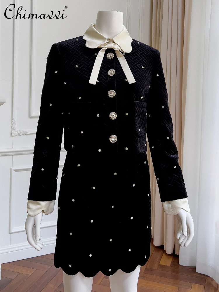 

Fashion Black Long Sleeve Doll Collar Bow Single-Breasted Coat High Waist Slimming Short Skirt 2023 Women's Autumn Winter Sets