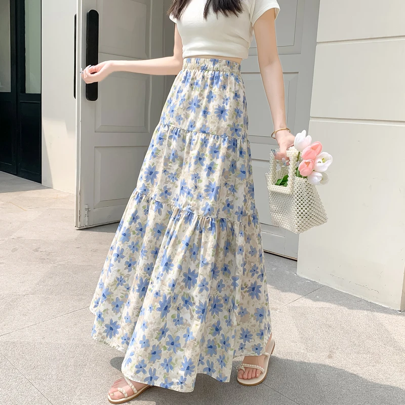 

Женская свободная юбка в Корейском стиле, повседневная винтажная юбка-трапеция до середины икры с высокой талией и цветочным принтом, модель V02 на лето, 2024