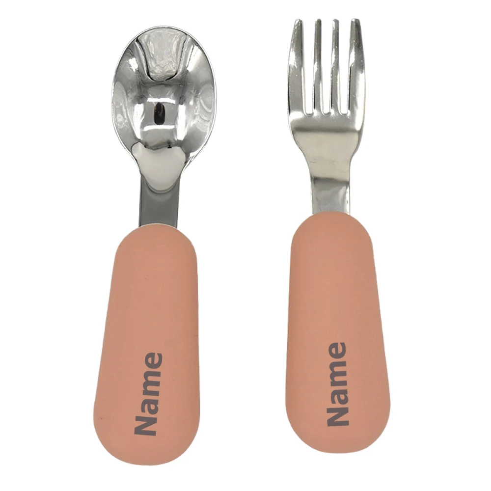 Baby Cutlery Set - Fork & Spoon - Stainless Steel with Silicone Handles - Free Name Printing - Children's Surprise Gift