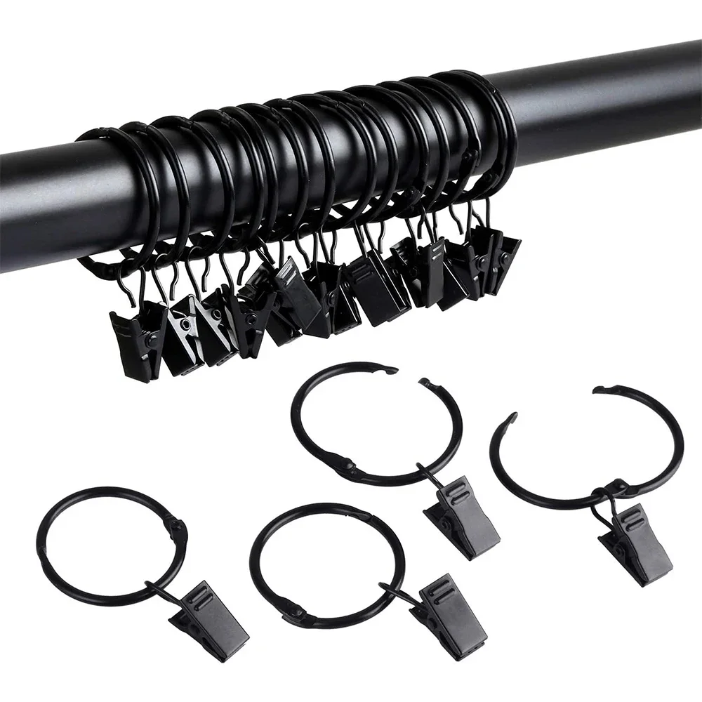 Curtain Rings with Clips 12Pcs Metal Curtain Hooks Hangers Black Drapery Clips with Rings Accessories
