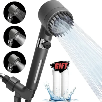 Nuovo soffione doccia nero a pioggia ad alta pressione 3 modalità supporto filtro boost regolabile con tubo flessibile per set di accessori da bagno 1