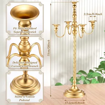 6-piece Set of Golden Candle Holders, 5-arm Cone-shaped Candle Holders for Wedding, Birthday, and Party Decoration (28 Inches)