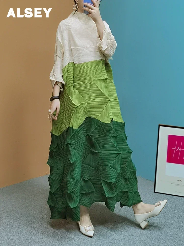 

ALSEY Miyake Diamond Pleated Elegant Party Dress for Women 2024 Autumn New Full Sleeves Color Block Turtleneck Loose Dresses