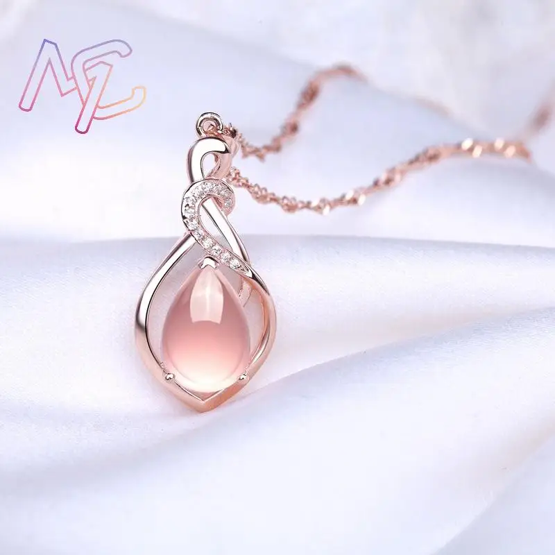 Pink Natural Jade Water drop Pendant Necklace Real Jewelry Talismans Amulet Rose Gold Plated Gifts for Women Vintage Stone