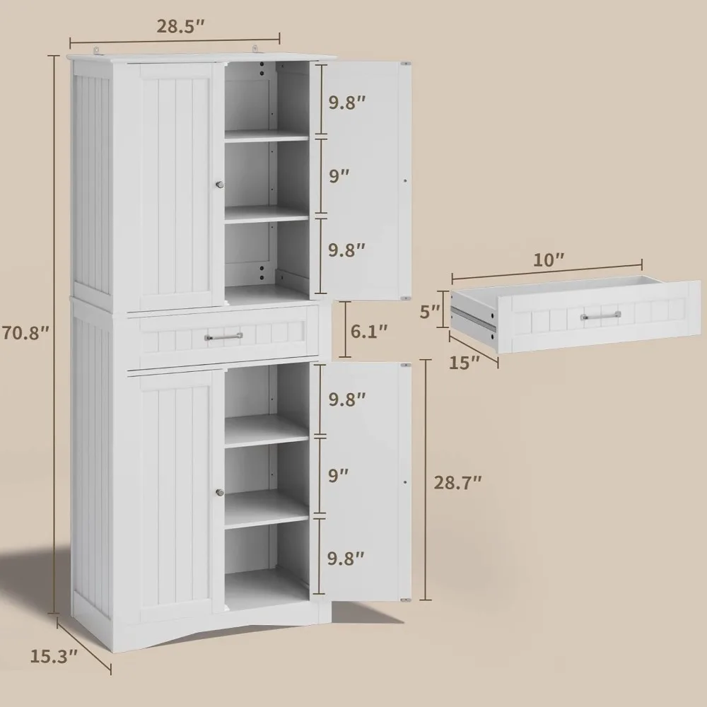 71'' Kitchen Pantry Storage Cabinet, Freestanding Cupboard with 4 Barn Doors and 4 Adjustable Shelves, Kitchen Cabinets