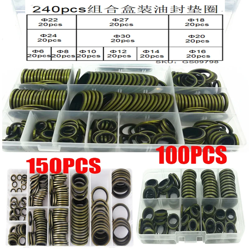 Kit de Sortimento de Anel de Vedação Ligado Parafuso de Drenagem de Óleo Arruela Combinada m6 m8 M10 M12 M14 M16 M18 M20 M22 240 Pcs 150 Pcs 100 Pcs