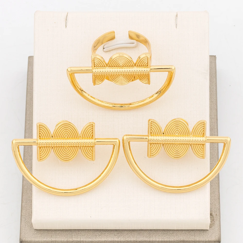 4Sets Jewelry Sets Fashion 18k Dubai Gold Color Copper Earrings For Women Adjustable Ring Trendy Party Gift Jewelry Accessories