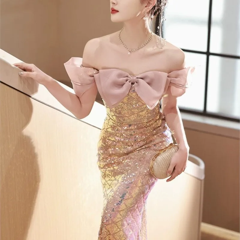 

off-Shoulder Women's New Temperament Entry Niche Pink Host Fishtail Dress