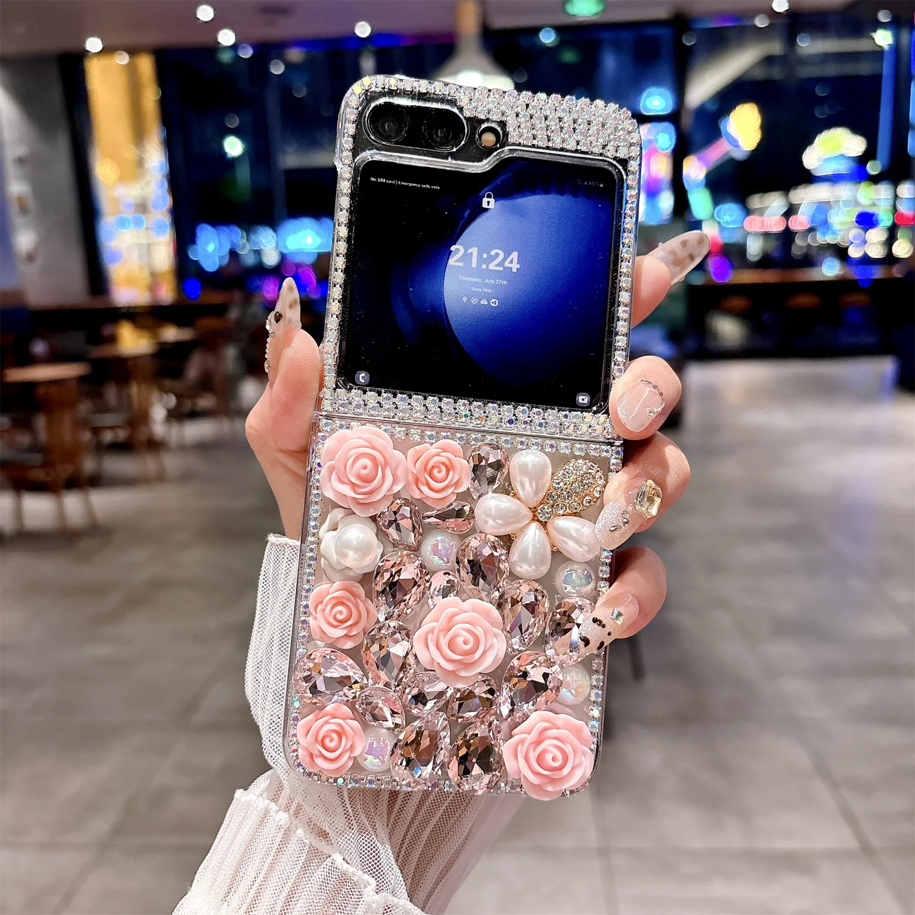 Elegant Pink Diamond Rose Flower Case - Luxury Classic Senior Edition