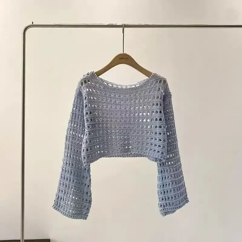2024 Y2K Long Sleeve Crochet Knit Top Summer Beach Bikini Cover Up Crop Pullover Wool Knitwear Blouse Women Vacation Boho Outfit 3
