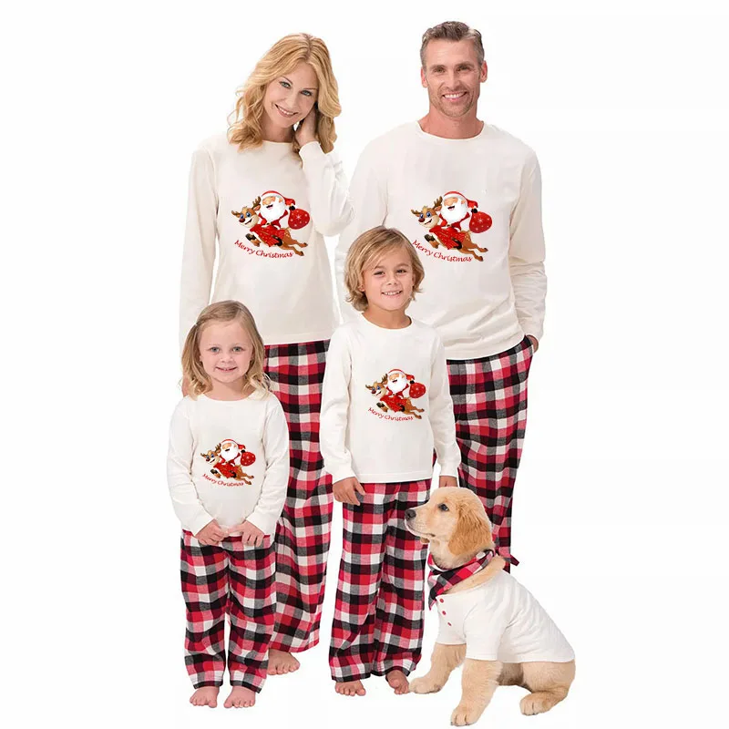 

Christmas Matching Family Pajamas Exclusive Design Santa Claus and Deer Gift Box Green Plaids Pajamas Set
