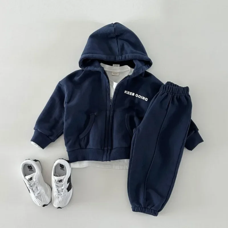 

New Korean Kids Boys Jogger Set Baby Boys Workout Jacket Hoodie +Elastic Sweatpant Sets Full Zip Hooded Child Tracksuit 1-6T