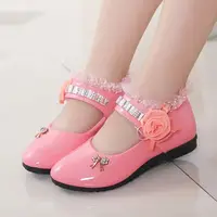 2021 New Flower Girls Shoes Spring Autumn Princess Lace PU Leather Shoes Cute Bowknot Rhinestone For 3-11 Ages Toddler Shoes 6