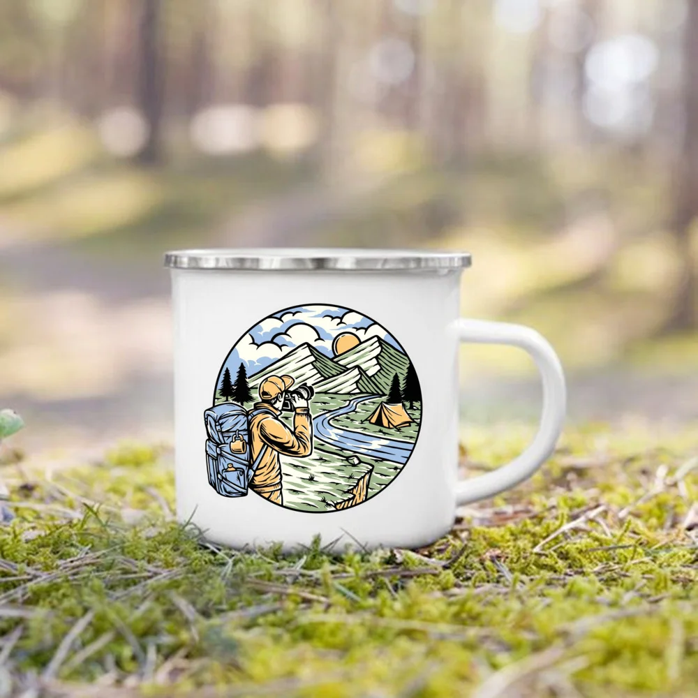 Tazza Da Campeggio Smaltata - Design Montagne Con Scritta Coffee &amp; Adventure
