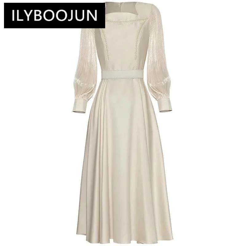 

ILYBOOJUN Fashion Women's Square-Neck Lantern Long-Sleeved Sequin Nail Beads Lace-Up High-Waisted Ball Gown Office Lady Dress