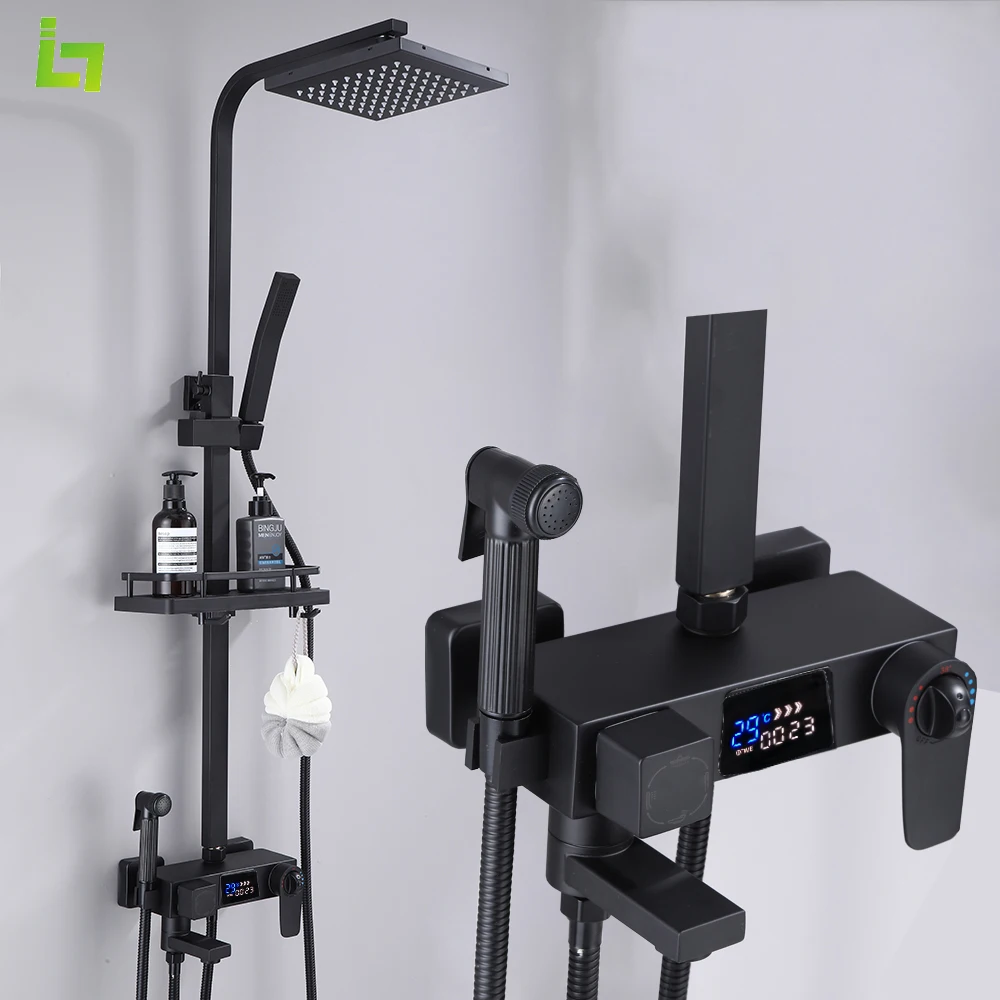 Black Display Thermostatic Shower Faucet Set Brass Multi-Function Can Extend Bathroom Bathtub Tap