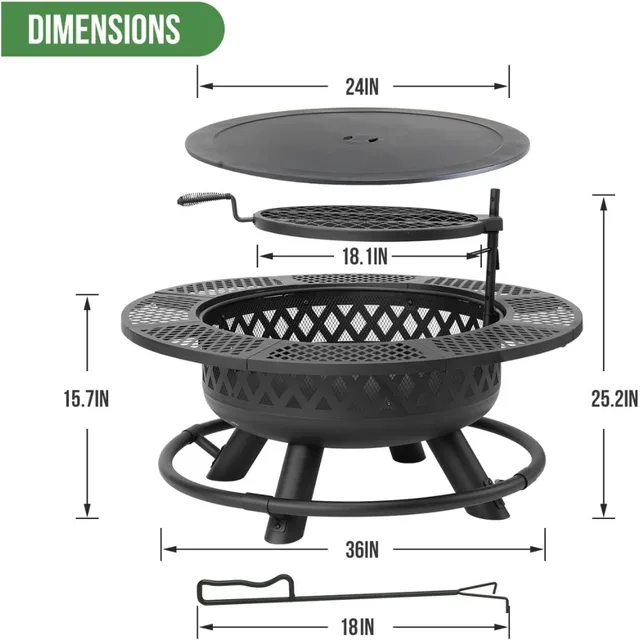 36 Inch Fire Pit with Grill,Wood Burning Fire Pits for Outside with Lid& Fire Poker,Round Metal Firepit Table 3 in 1 with Cookin 6