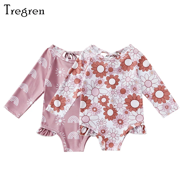 

Tregren 1-6 Years Kid Girls Swimsuit Sun Rainbow Sunflower Print Ruffle Rashguard Swimwear Summer Beach Long Sleeve Bathing Suit
